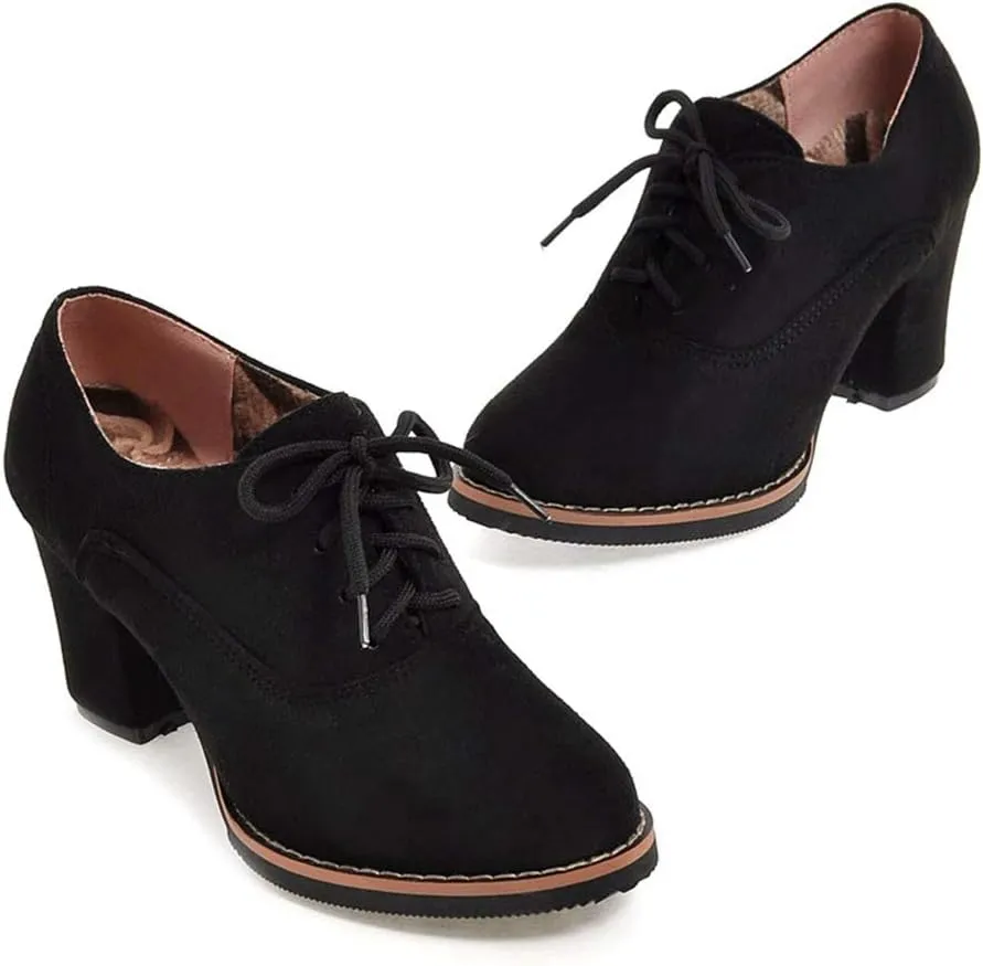 MIOKE Women's Lace Up Pump Oxfords Fashion Round Toe Suede Comfort Chunky Mid Heels Dress Shoes Ankle Boots