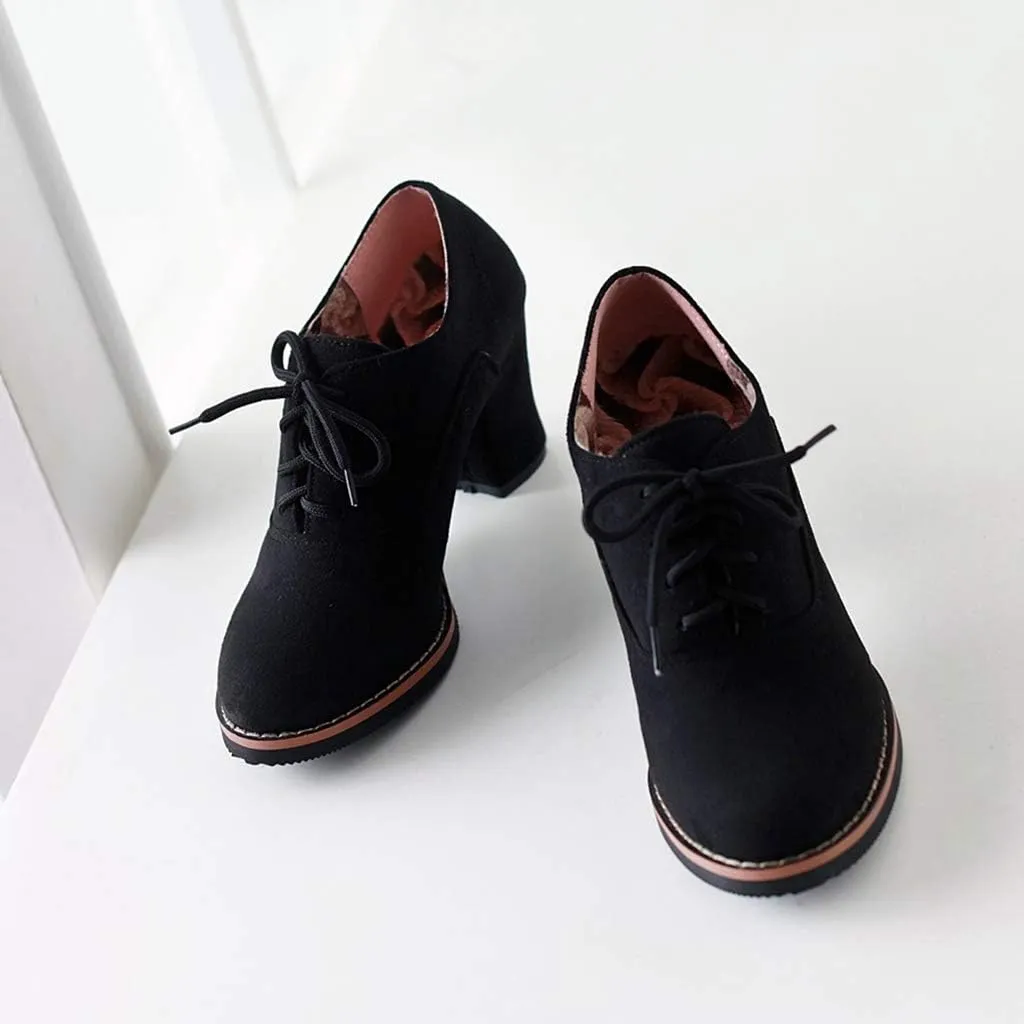 MIOKE Women's Lace Up Pump Oxfords Fashion Round Toe Suede Comfort Chunky Mid Heels Dress Shoes Ankle Boots