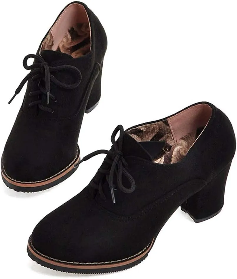 MIOKE Women's Lace Up Pump Oxfords Fashion Round Toe Suede Comfort Chunky Mid Heels Dress Shoes Ankle Boots