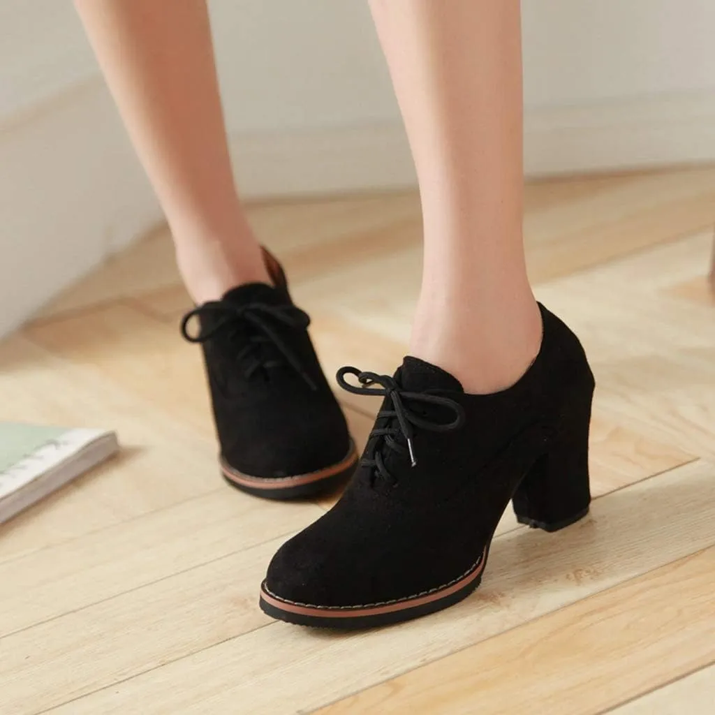 MIOKE Women's Lace Up Pump Oxfords Fashion Round Toe Suede Comfort Chunky Mid Heels Dress Shoes Ankle Boots