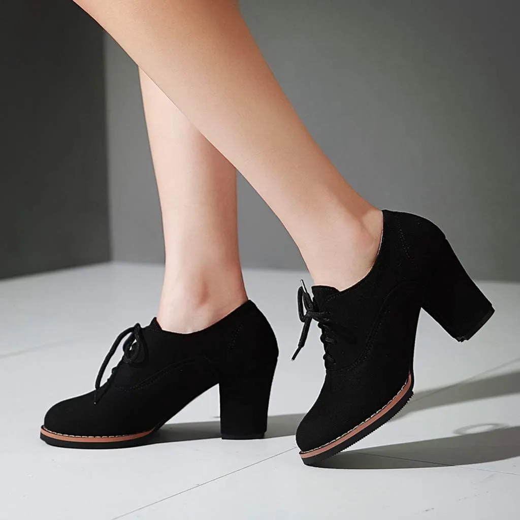 MIOKE Women's Lace Up Pump Oxfords Fashion Round Toe Suede Comfort Chunky Mid Heels Dress Shoes Ankle Boots