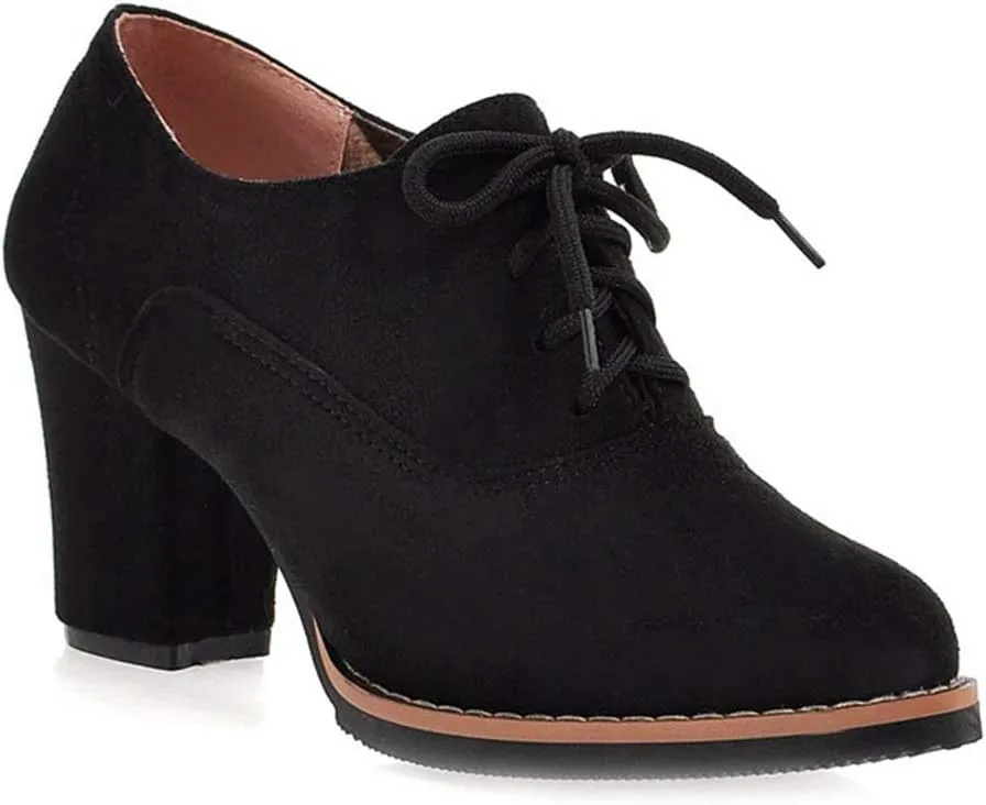 MIOKE Women's Lace Up Pump Oxfords Fashion Round Toe Suede Comfort Chunky Mid Heels Dress Shoes Ankle Boots