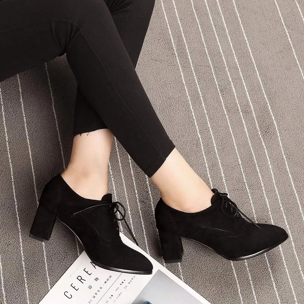 MIOKE Women's Pointed Toe Lace Up Pump Oxfords Suede Vintage Chunky Block Mid Heel Brogue Office Dress Shoes