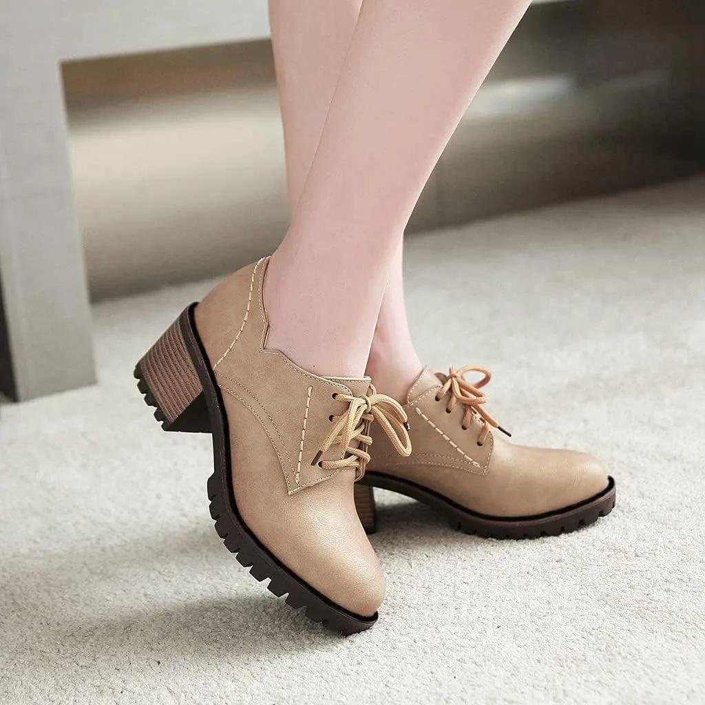 MIOKE Women's Round Toe Lace Up Pump Oxfords Brogues Casual Platform Chunky Mid Heel Vintage Dress Shoes
