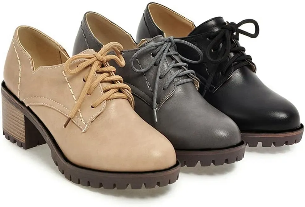 MIOKE Women's Round Toe Lace Up Pump Oxfords Brogues Casual Platform Chunky Mid Heel Vintage Dress Shoes