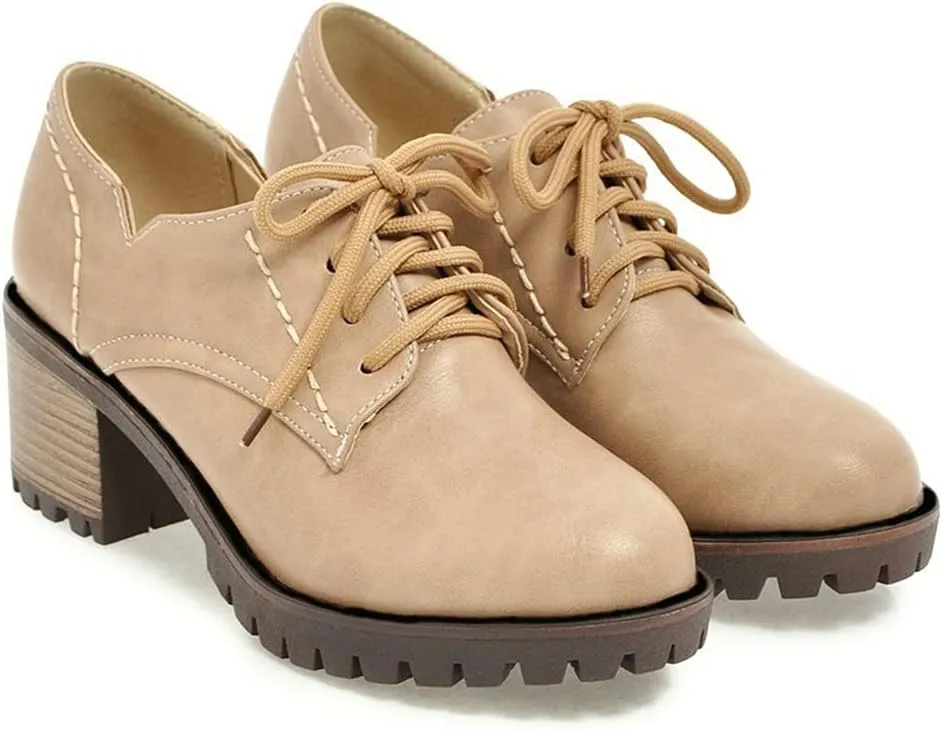 MIOKE Women's Round Toe Lace Up Pump Oxfords Brogues Casual Platform Chunky Mid Heel Vintage Dress Shoes