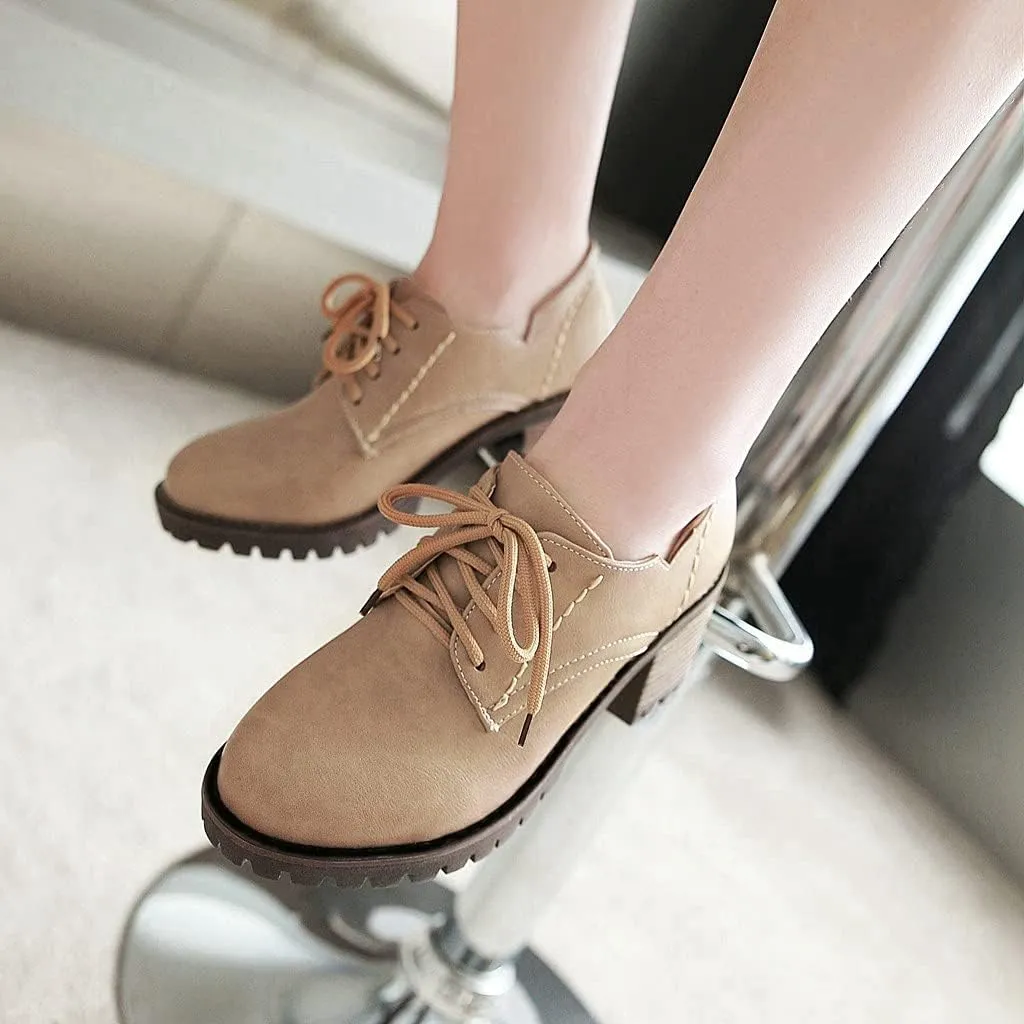 MIOKE Women's Round Toe Lace Up Pump Oxfords Brogues Casual Platform Chunky Mid Heel Vintage Dress Shoes