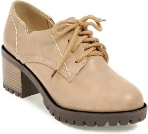 MIOKE Women's Round Toe Lace Up Pump Oxfords Brogues Casual Platform Chunky Mid Heel Vintage Dress Shoes
