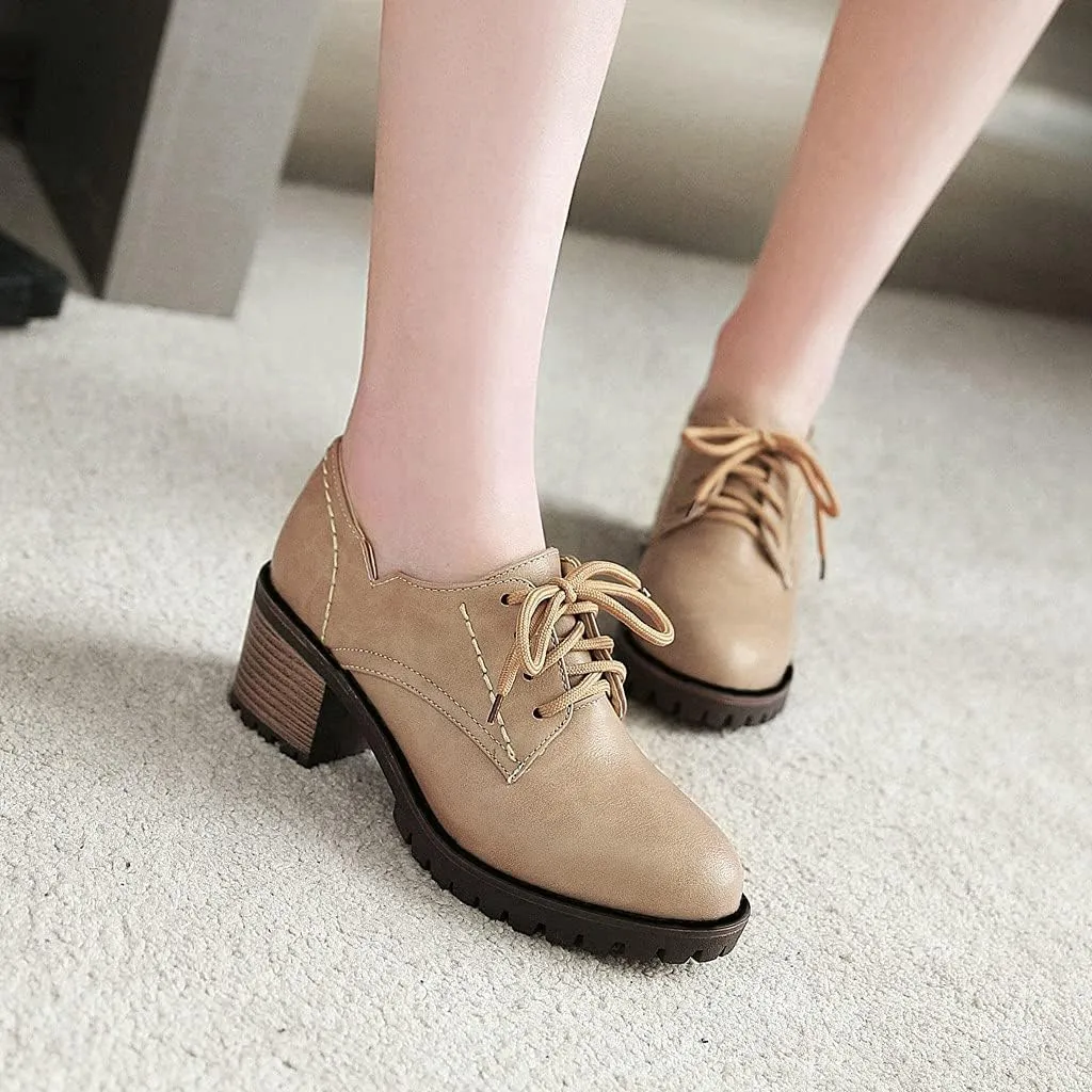 MIOKE Women's Round Toe Lace Up Pump Oxfords Brogues Casual Platform Chunky Mid Heel Vintage Dress Shoes