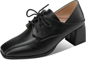 MIOKE Women's Round Toe Lace Up Pump Oxfords Perforated Casual Platform Chunky Mid Heel Vintage Dress Shoes