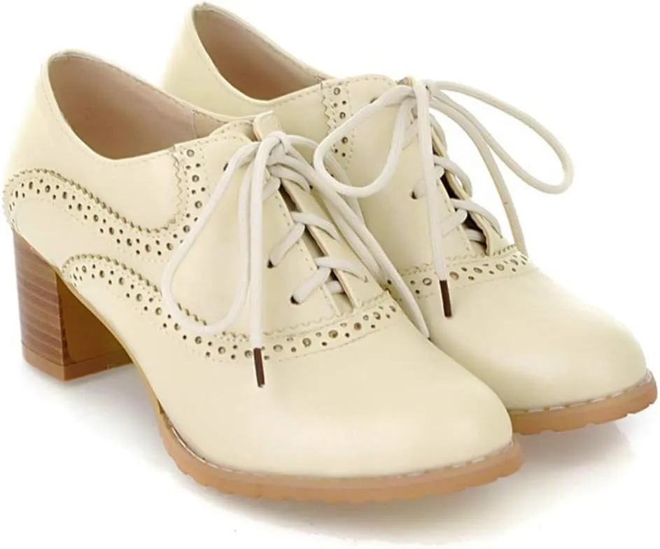 MIOKE Women's Vintage Pump Oxfords Brogues Lace Up Wingtip Perforated Chunky Mid Block Heel Dress Shoes