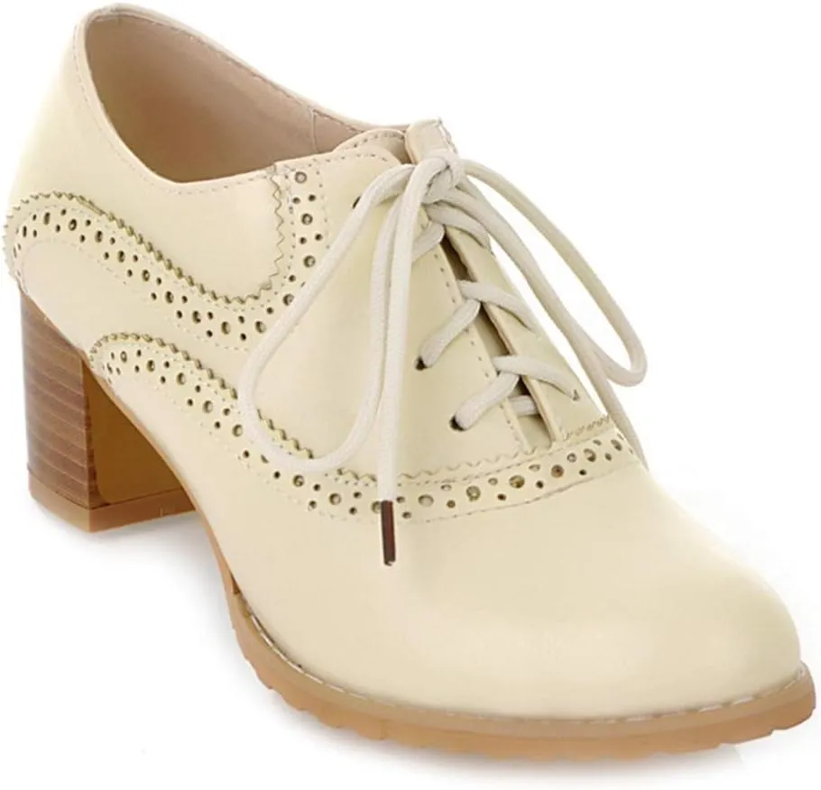 MIOKE Women's Vintage Pump Oxfords Brogues Lace Up Wingtip Perforated Chunky Mid Block Heel Dress Shoes