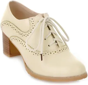 MIOKE Women's Vintage Pump Oxfords Brogues Lace Up Wingtip Perforated Chunky Mid Block Heel Dress Shoes