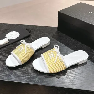 mule sandal striped yellow white canvas calfskin