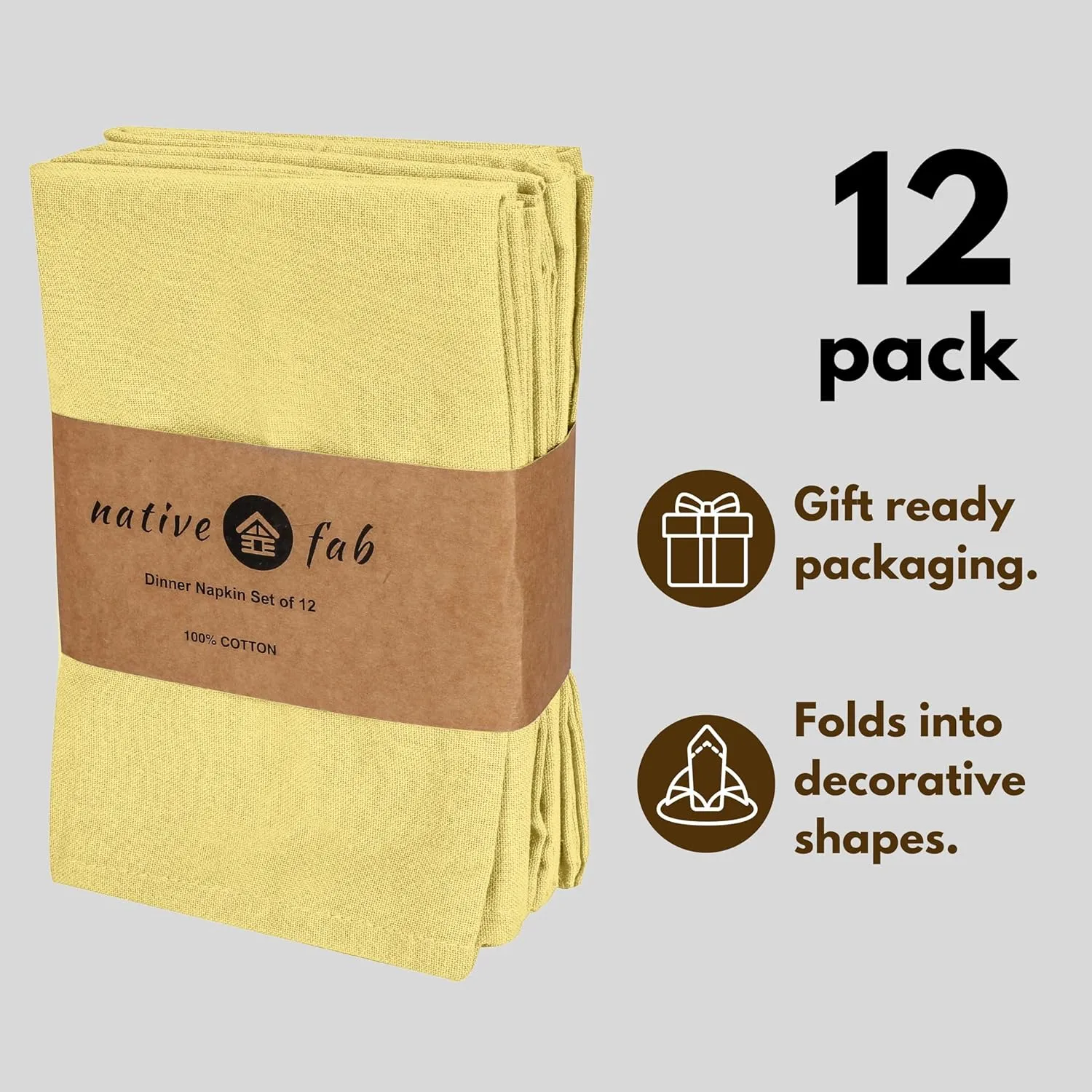 Native Fab Cloth Napkin Set of 12, 100% Cotton, Washable, Reusable Dinner Cloth Napkin 17x17 inches, Table Decor Napkins for Dinner, Events, Sandal Yellow
