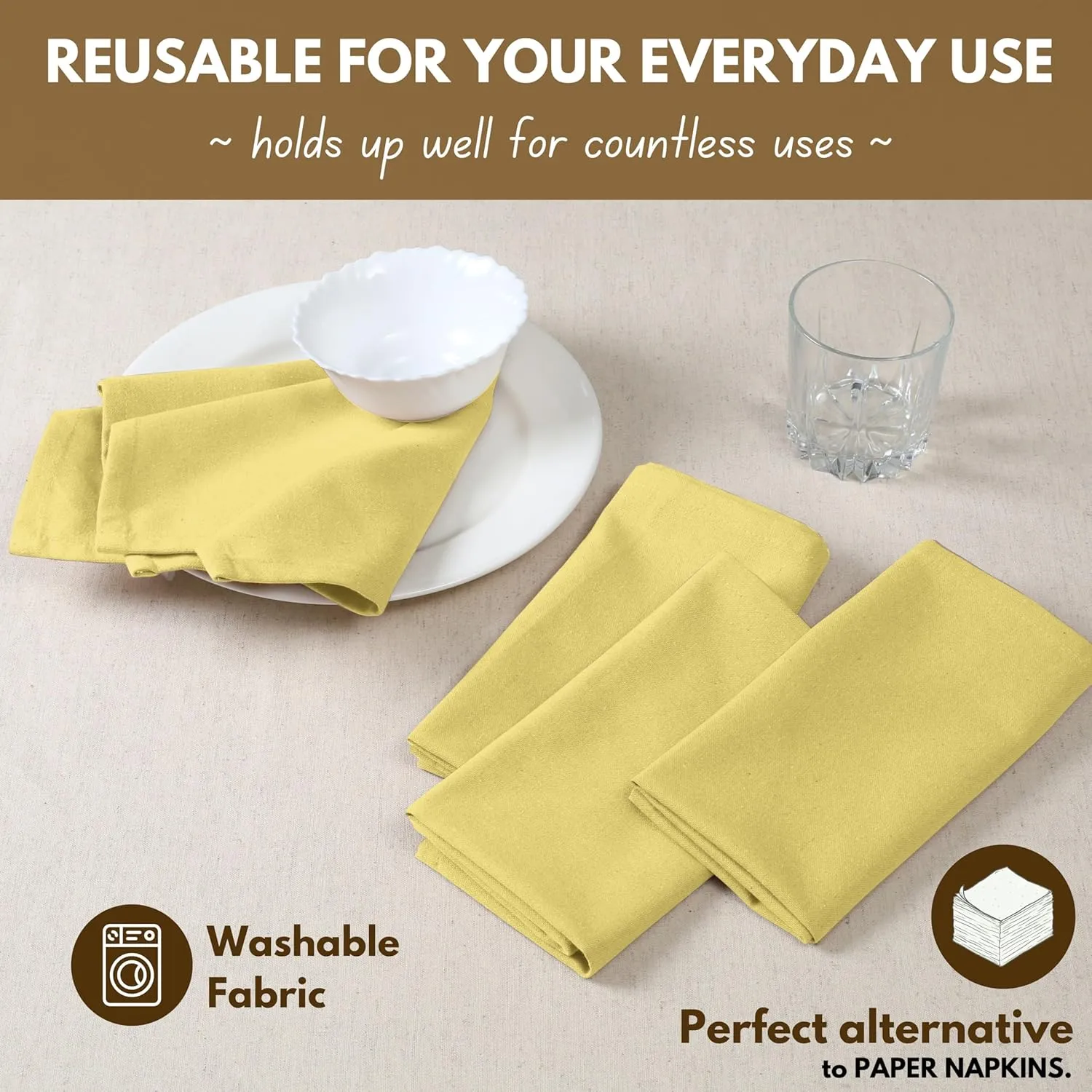 Native Fab Cloth Napkin Set of 12, 100% Cotton, Washable, Reusable Dinner Cloth Napkin 17x17 inches, Table Decor Napkins for Dinner, Events, Sandal Yellow