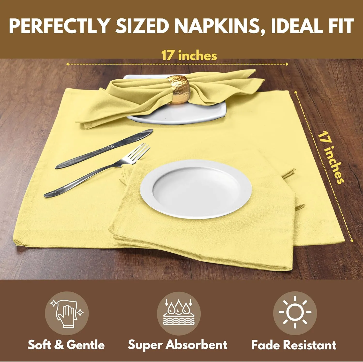 Native Fab Cloth Napkin Set of 12, 100% Cotton, Washable, Reusable Dinner Cloth Napkin 17x17 inches, Table Decor Napkins for Dinner, Events, Sandal Yellow