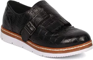 Nature Breeze Women Leatherette Buckle Fringe Loafer Sneaker GG32 - Black (Size: 6.5)