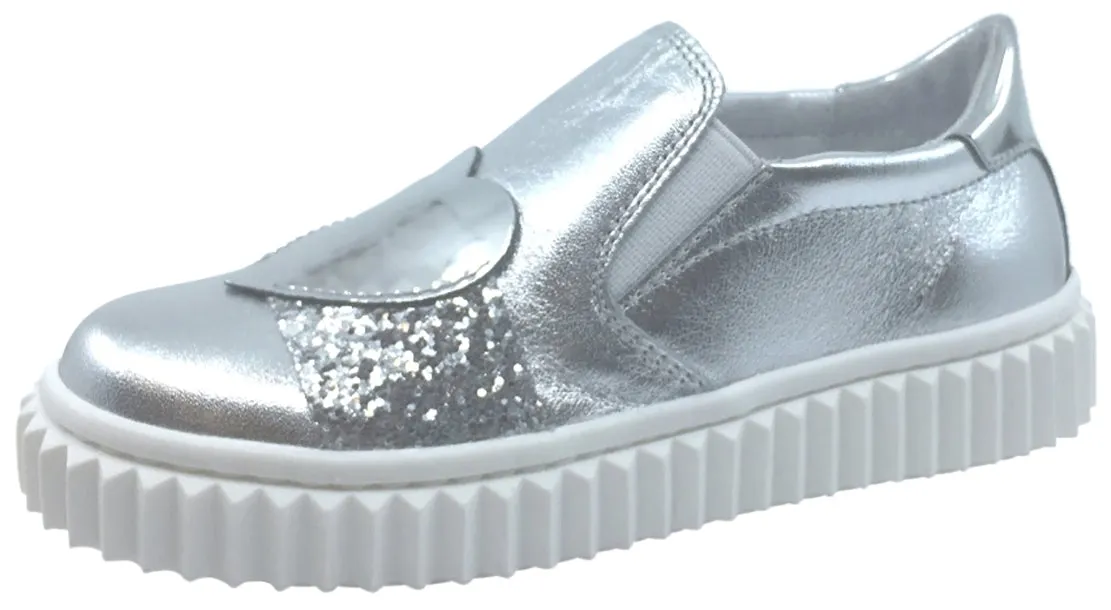 Naturino Girl's & Boy's Silver Metallic Leather with Glitter Decal Detail Slip On Low Top Casual Sneaker Shoe