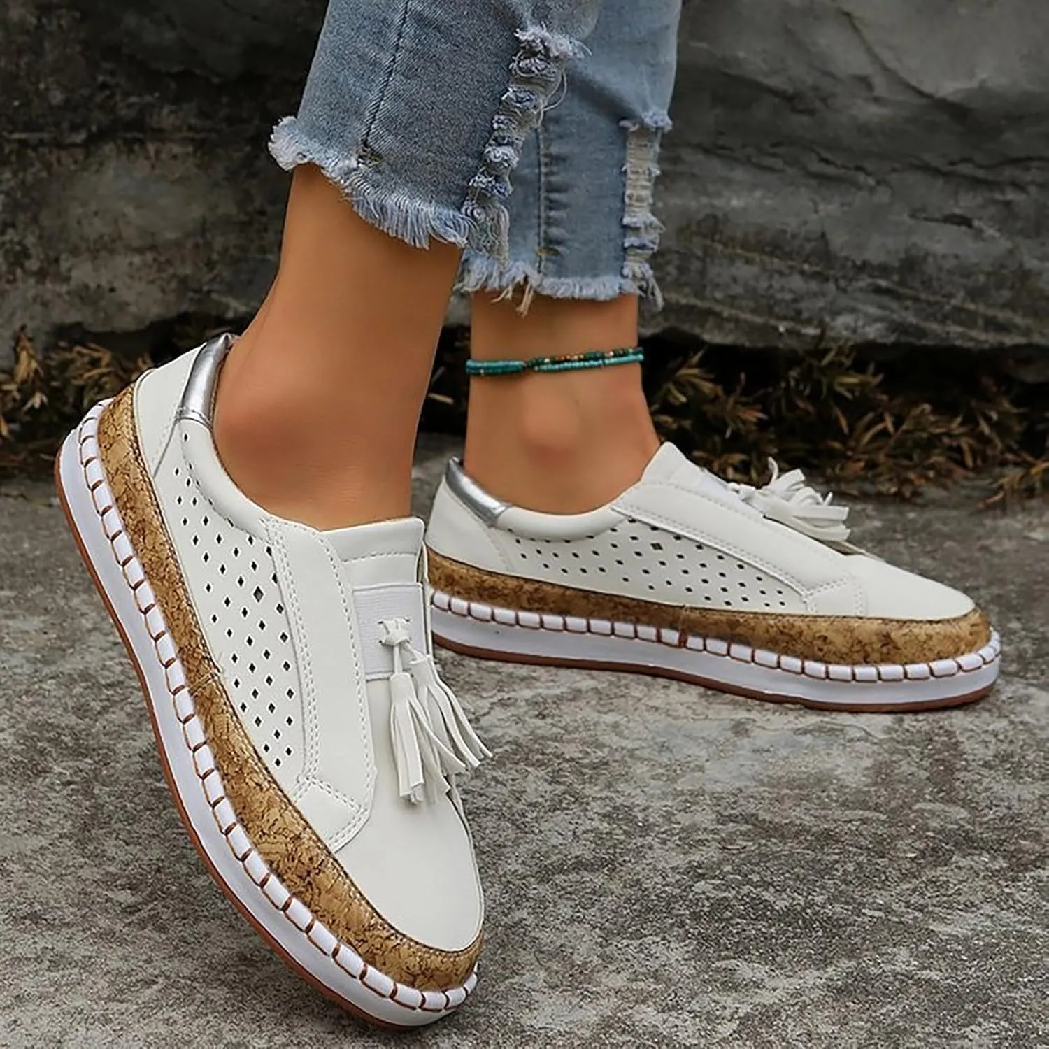 Non Slip Shoes Women Low Top Tassel Two-Color Stitching Athletic Shoes Casual Fashion Comfortable Walking Sneakers