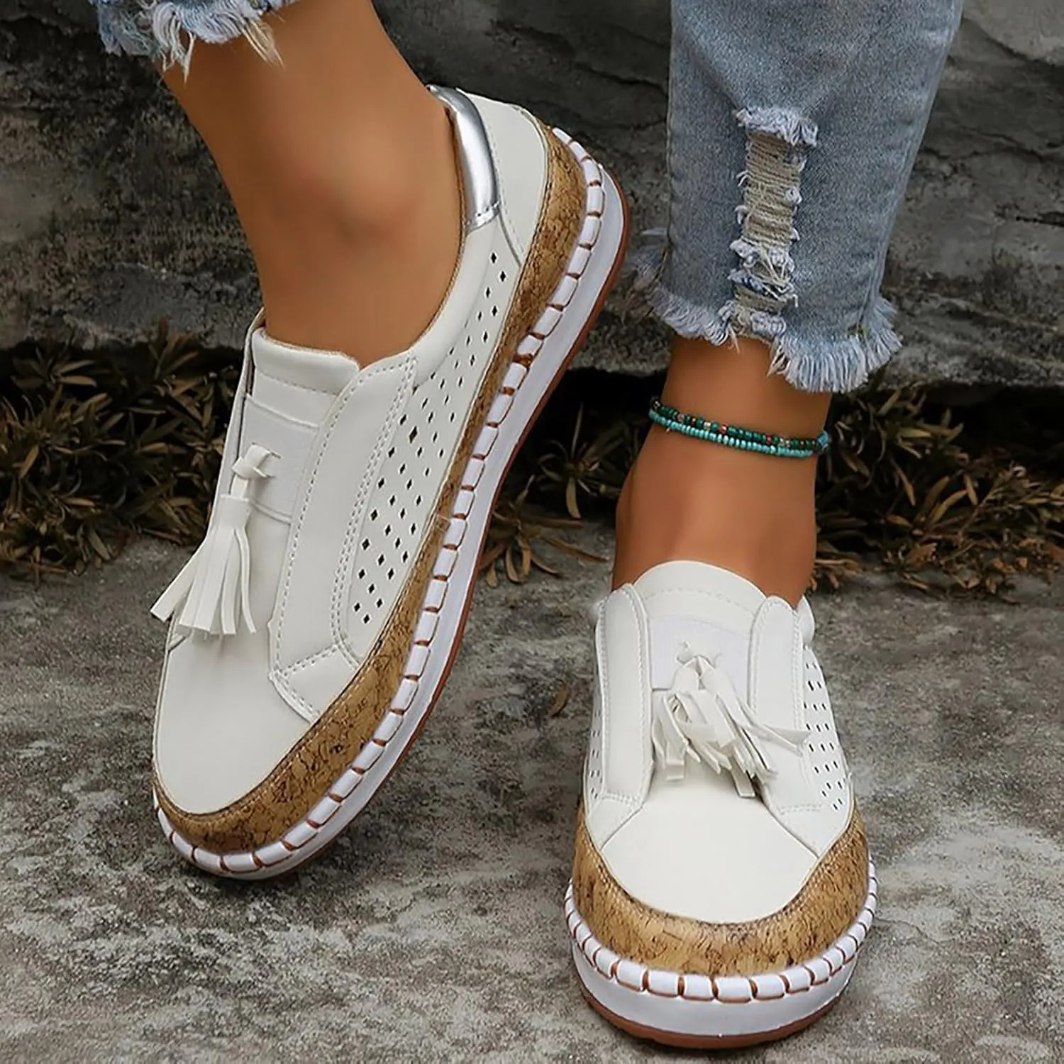 Non Slip Shoes Women Low Top Tassel Two-Color Stitching Athletic Shoes Casual Fashion Comfortable Walking Sneakers