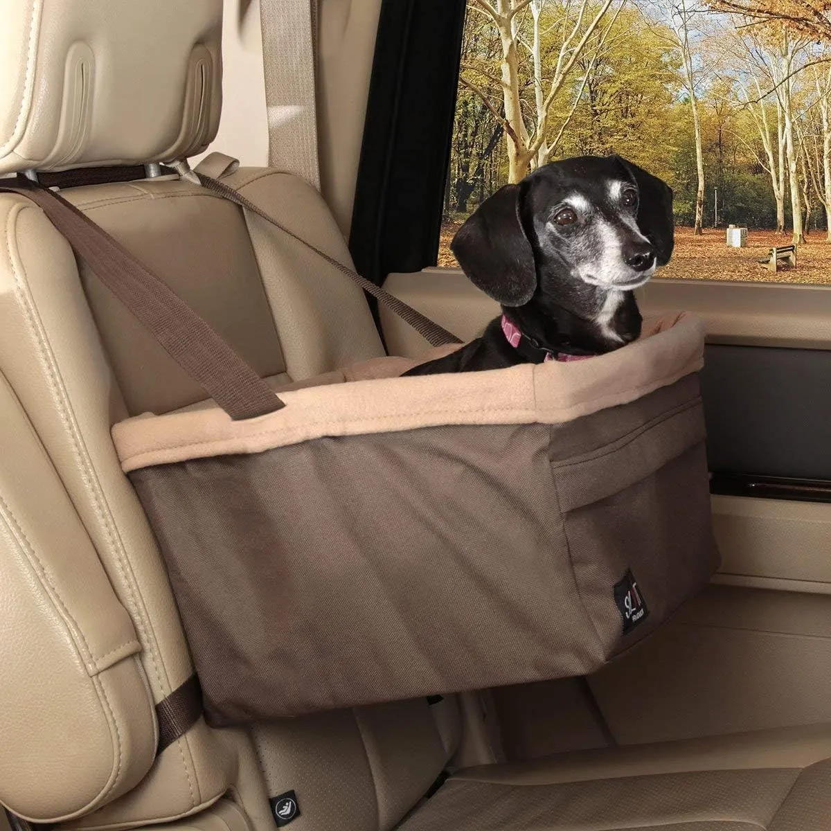 PetSafe Happy Ride Dog Booster Seat for Car/Truck/SUV, Tan, up to 18 lb with Headrest Strap