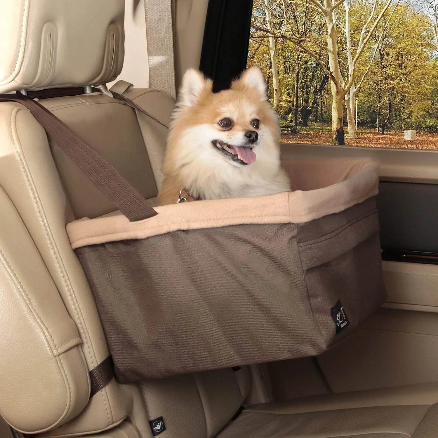 PetSafe Happy Ride Dog Booster Seat for Car/Truck/SUV, Tan, up to 18 lb with Headrest Strap