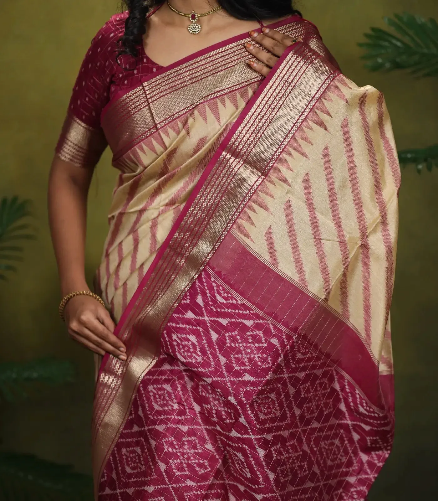 Sandal Woven Art Raw Silk Saree With Temple Border And Stripes