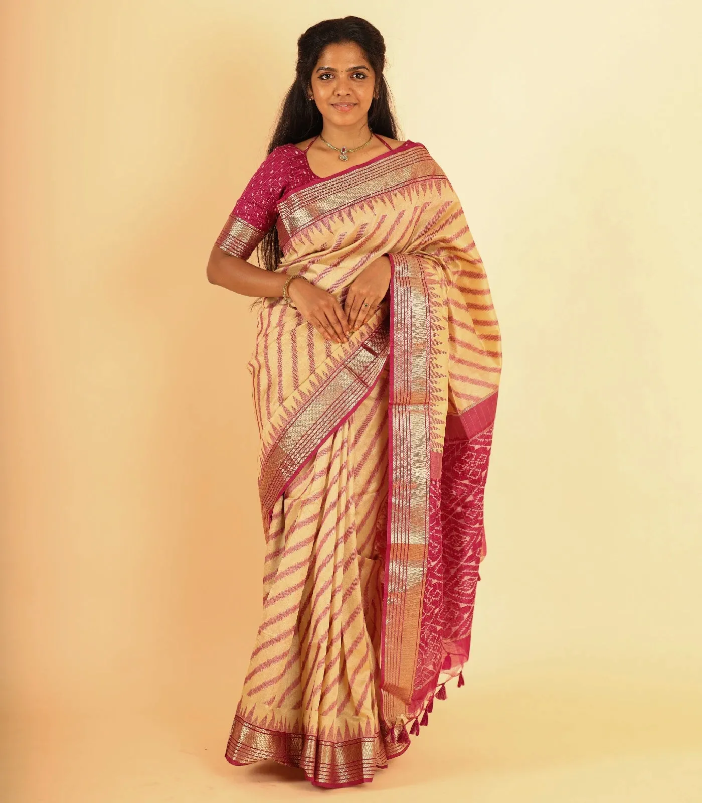 Sandal Woven Art Raw Silk Saree With Temple Border And Stripes