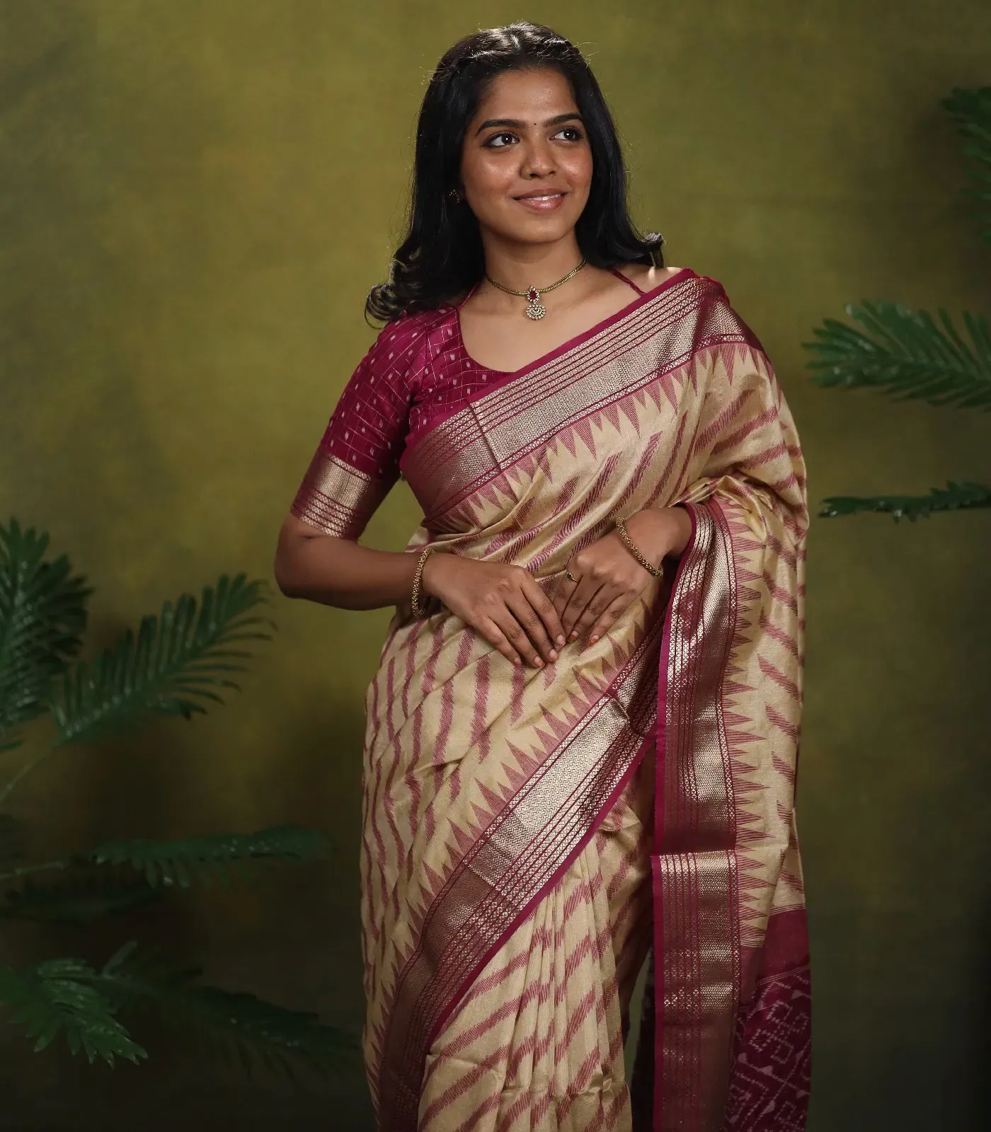 Sandal Woven Art Raw Silk Saree With Temple Border And Stripes