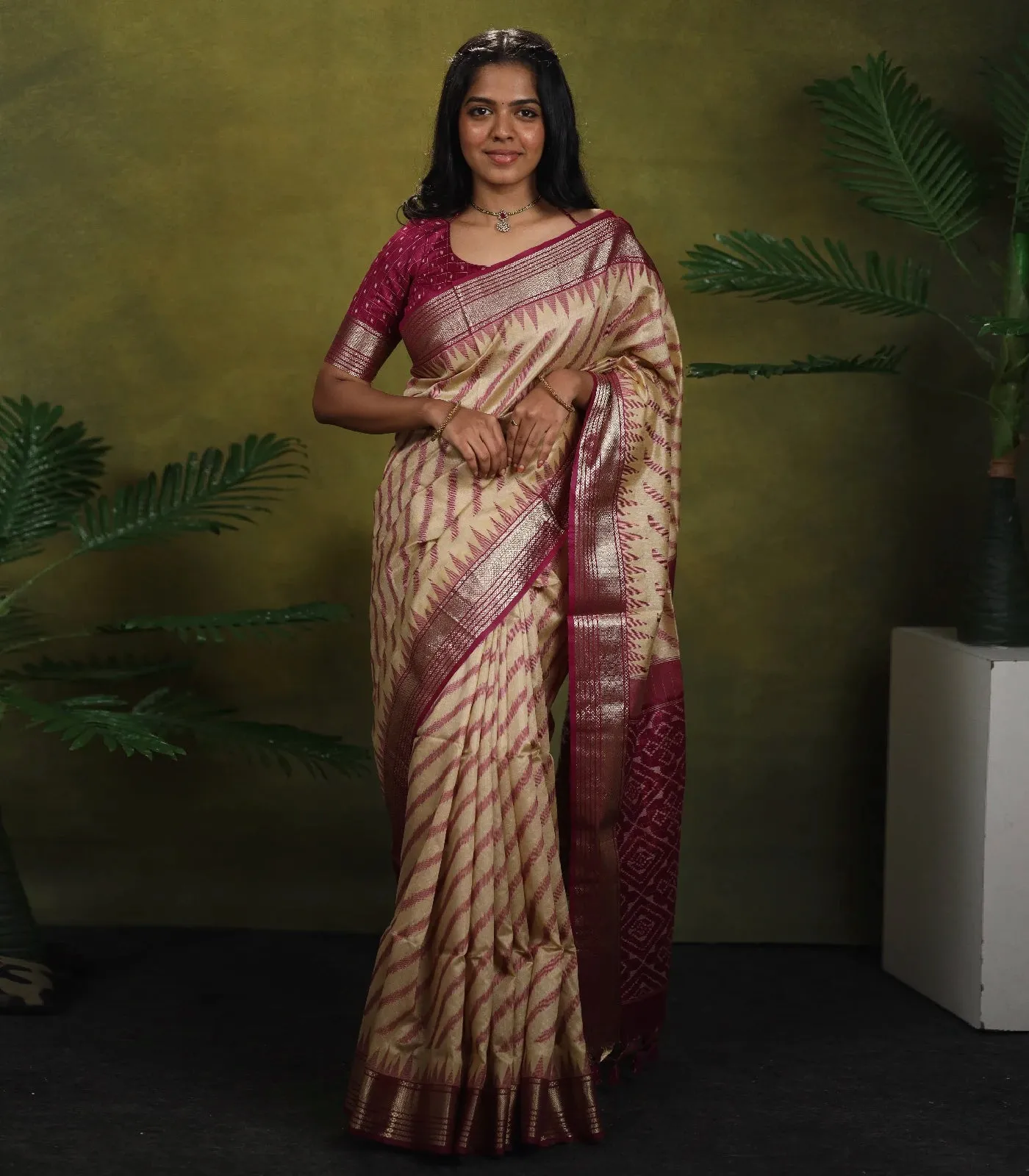 Sandal Woven Art Raw Silk Saree With Temple Border And Stripes