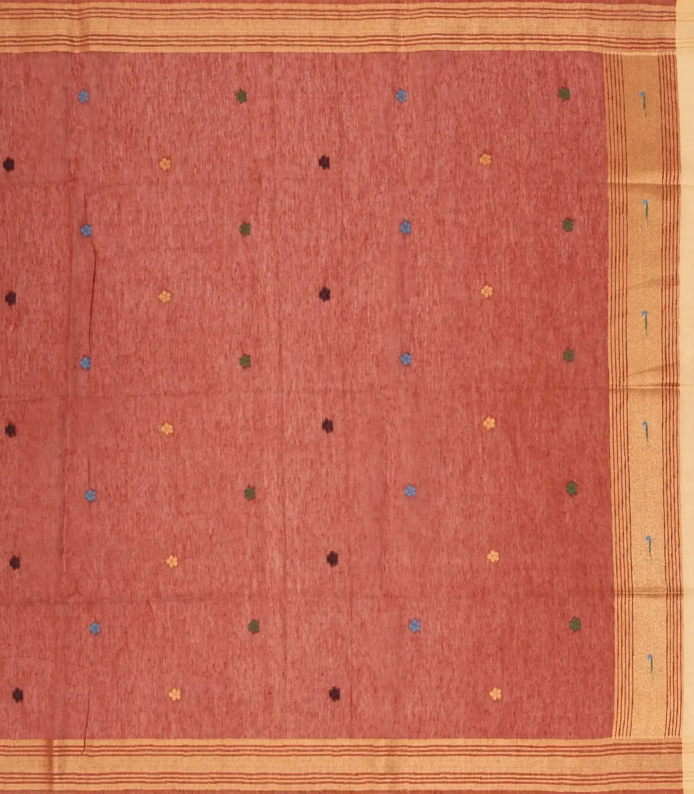 Sandal Woven Blended Cotton Saree With Zari Border & Pallu