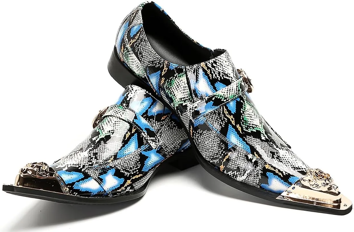 Santimon Mens Loafers Disco Party Dress Slip On Casual Leather Metal Pointed Toe Buckle Shoes Wedding Ballroom Fashion Western Summer Shoes for Men