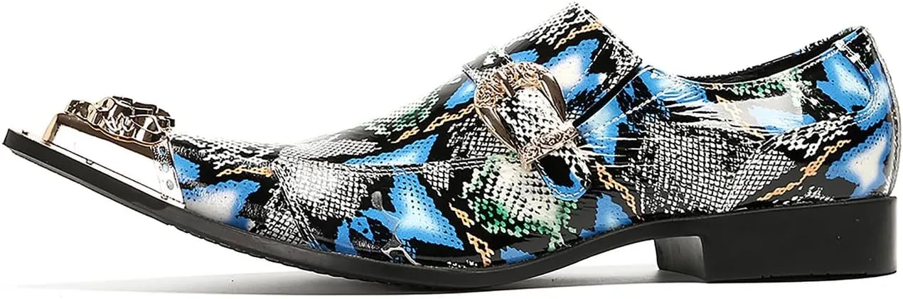 Santimon Mens Loafers Disco Party Dress Slip On Casual Leather Metal Pointed Toe Buckle Shoes Wedding Ballroom Fashion Western Summer Shoes for Men