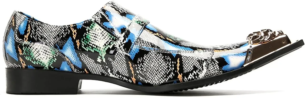 Santimon Mens Loafers Disco Party Dress Slip On Casual Leather Metal Pointed Toe Buckle Shoes Wedding Ballroom Fashion Western Summer Shoes for Men