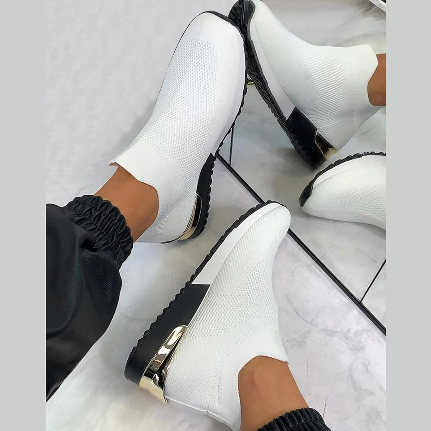 SBGMoSJ Women's Fashion Sneakers Lace-Up Woven Knit Upper Women's Wedge Fashion Sneakers Black Shoes Women Slip Ons Womens Fashion Sneakers Athletic Shoes Women Size 5.5