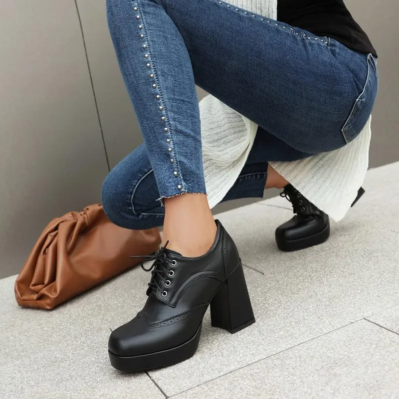 SEIFIN Women's Block High Heel Platform Pumps Square Toe Lace Up Ankle Booties Chunky Wingtip Oxford Dress Shoes