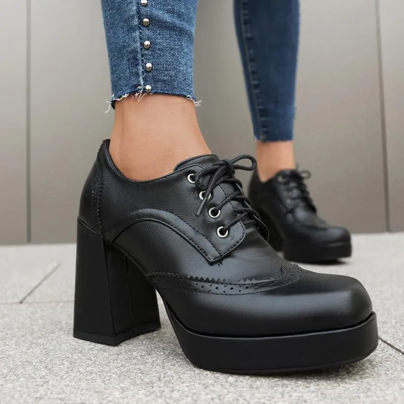 SEIFIN Women's Block High Heel Platform Pumps Square Toe Lace Up Ankle Booties Chunky Wingtip Oxford Dress Shoes