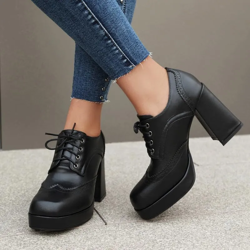 SEIFIN Women's Block High Heel Platform Pumps Square Toe Lace Up Ankle Booties Chunky Wingtip Oxford Dress Shoes