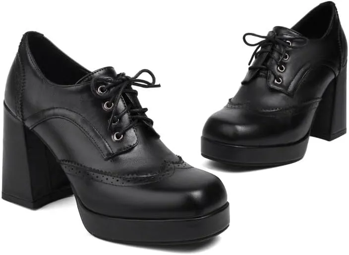 SEIFIN Women's Block High Heel Platform Pumps Square Toe Lace Up Ankle Booties Chunky Wingtip Oxford Dress Shoes