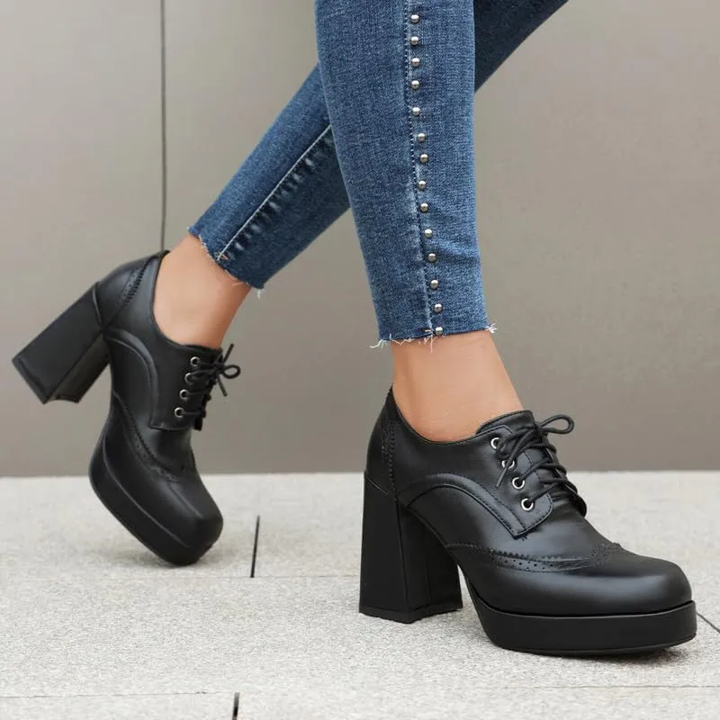 SEIFIN Women's Block High Heel Platform Pumps Square Toe Lace Up Ankle Booties Chunky Wingtip Oxford Dress Shoes