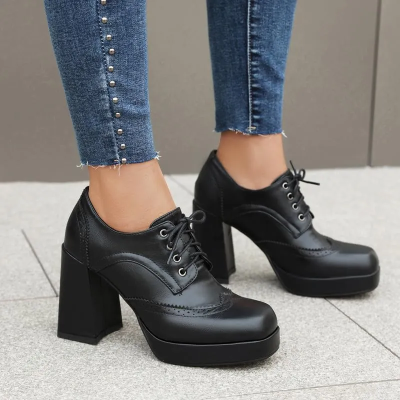 SEIFIN Women's Block High Heel Platform Pumps Square Toe Lace Up Ankle Booties Chunky Wingtip Oxford Dress Shoes