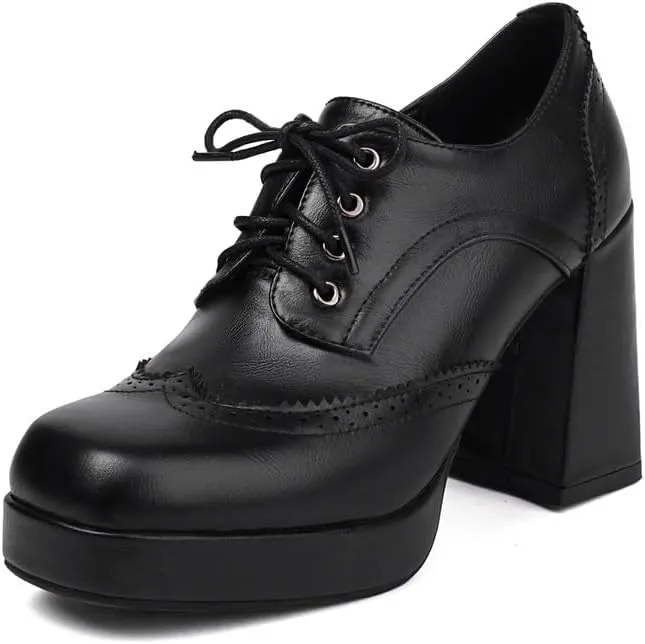 SEIFIN Women's Block High Heel Platform Pumps Square Toe Lace Up Ankle Booties Chunky Wingtip Oxford Dress Shoes