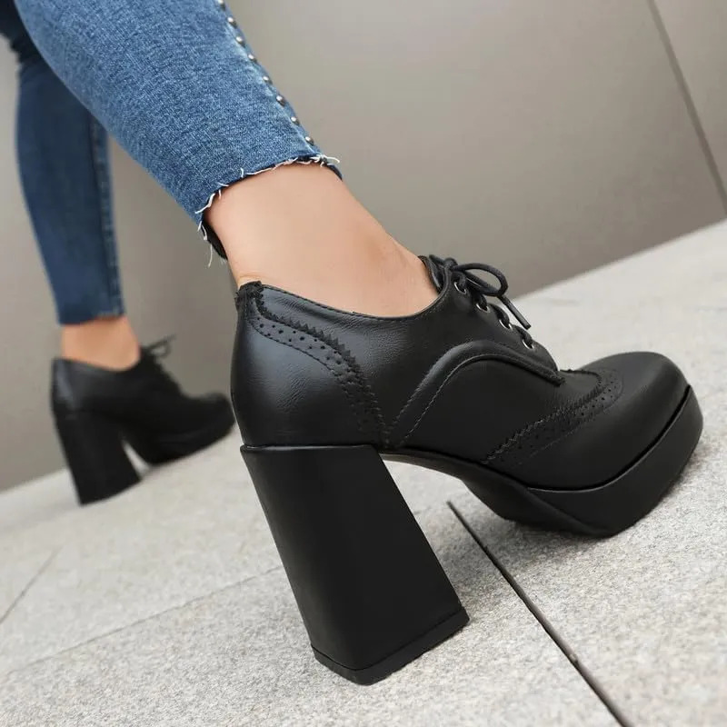 SEIFIN Women's Block High Heel Platform Pumps Square Toe Lace Up Ankle Booties Chunky Wingtip Oxford Dress Shoes
