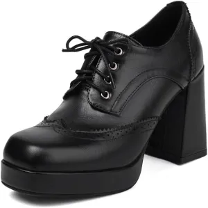 SEIFIN Women's Block High Heel Platform Pumps Square Toe Lace Up Ankle Booties Chunky Wingtip Oxford Dress Shoes