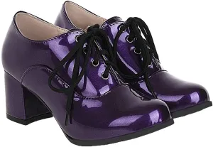 Shinelly Women Chunky Heel Patent Leather Oxford High Heeled Lace Up Pumps Shoes