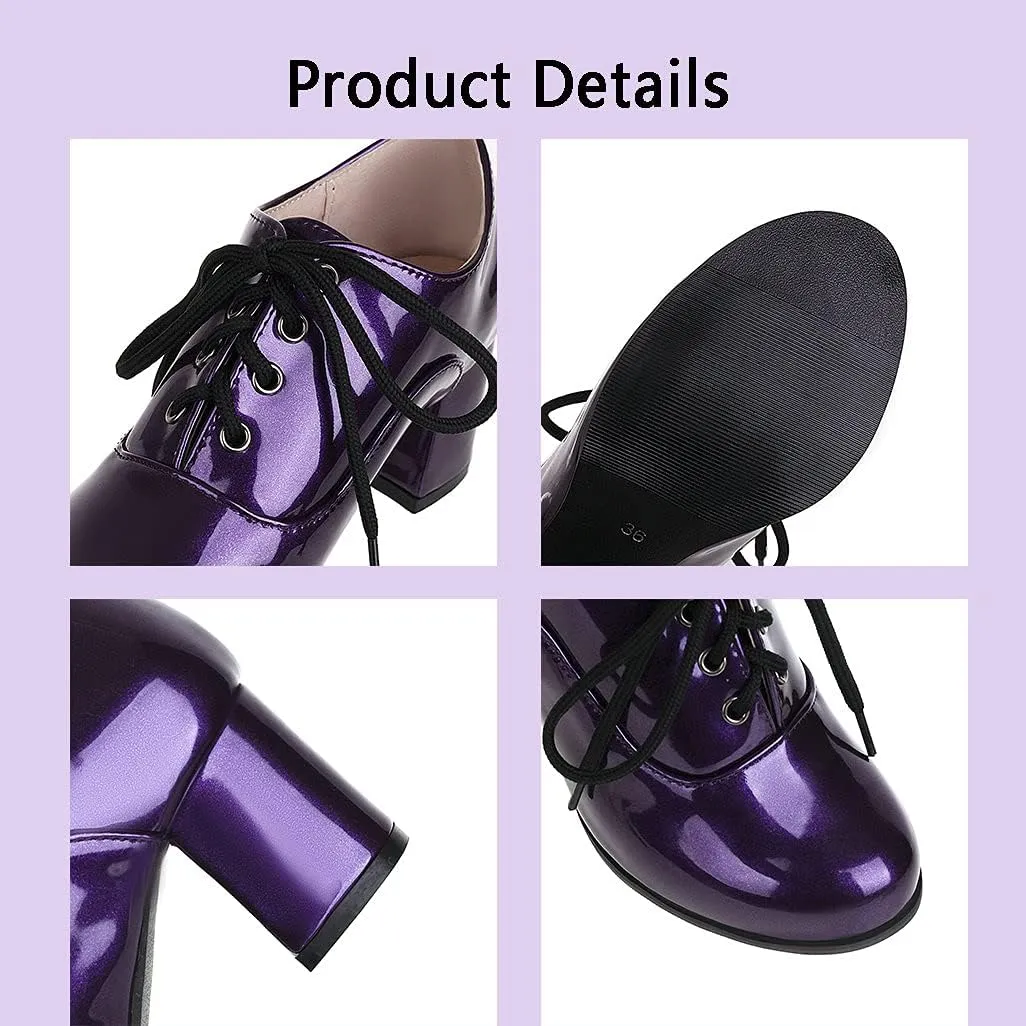 Shinelly Women Chunky Heel Patent Leather Oxford High Heeled Lace Up Pumps Shoes