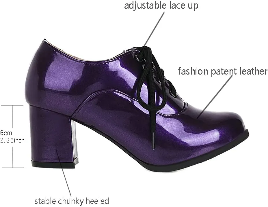 Shinelly Women Chunky Heel Patent Leather Oxford High Heeled Lace Up Pumps Shoes