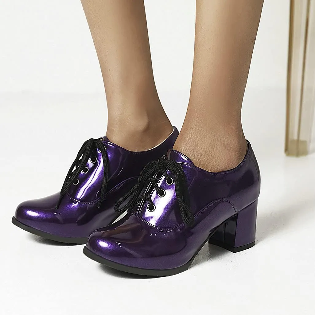 Shinelly Women Chunky Heel Patent Leather Oxford High Heeled Lace Up Pumps Shoes