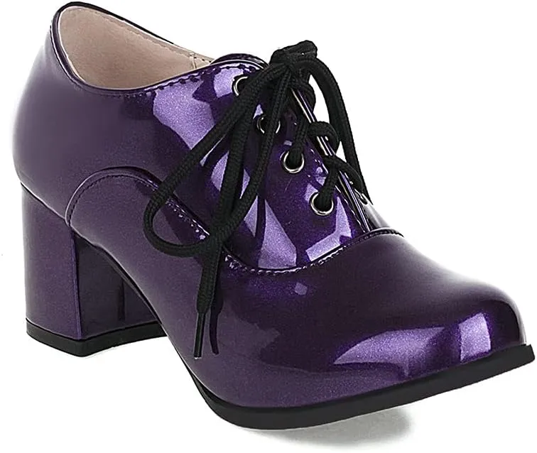 Shinelly Women Chunky Heel Patent Leather Oxford High Heeled Lace Up Pumps Shoes